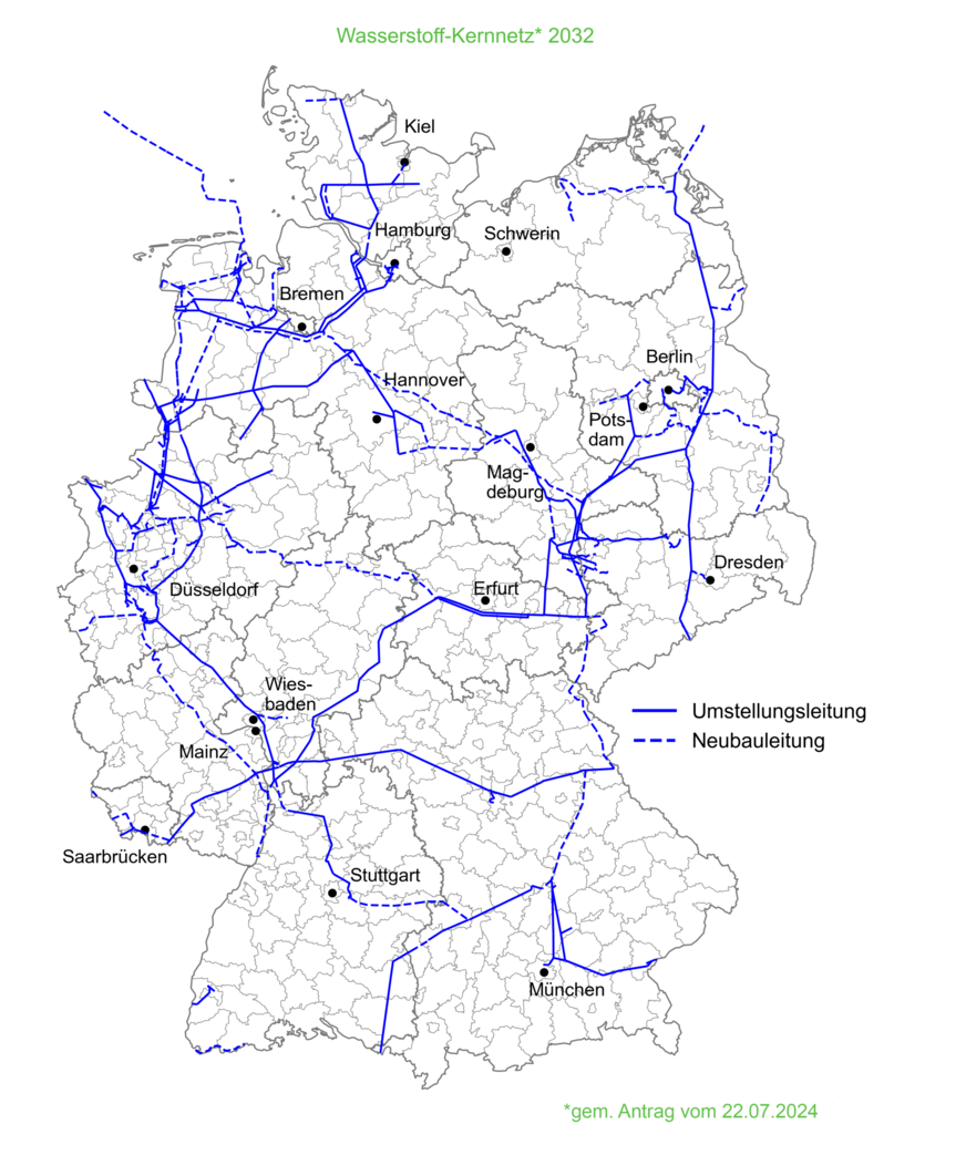 Das Kernnetz verbindet zentrale Verbrauchs- und Erzeugungsschwerpunkte sowie Speicher und Importzentren schrittweise bis zum Jahr 2032 miteinander.