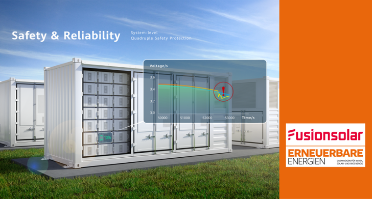 Alt-Text: „Containerisierte Energiespeicherlösung mit visualisiertem Spannungsdiagramm auf der Vorderseite; rechts sind das Logo von Fusionsolar und der Schriftzug ‚Sicherheit & Zuverlässigkeit‘ zu sehen. Die Anlage symbolisiert moderne Speichertechnologien zur Unterstützung nachhaltiger Energieprojekte.