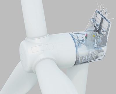 Abgeschirmt und elektromagnetisch verträglich: Die Siemens Windenergieanlage SWT-3.0-113 erzeugt Strom in einem Permanentmagnet-Generator zwischen Nabe und Maschinenhaus (hier transparent). Weil der Stator mit den Spulen im Betrieb still steht und von dem zylinderförmigen Rotor mit den Dauermagneten umkreist wird, bleibt das elektromagnetische Feld im Innern der Anlage. Elektrische Systeme wie die Leistungselektronik liegen gekapselt im Innern. - © Illu: Siemens