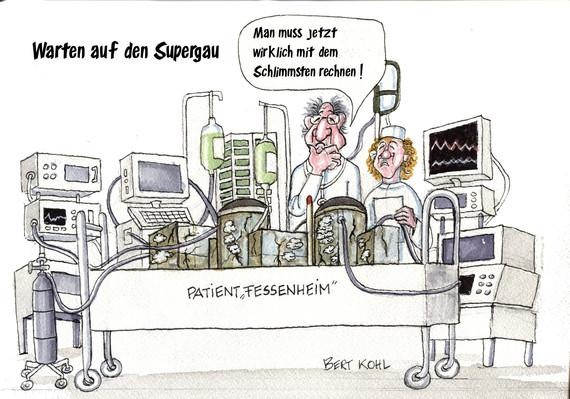 Der Karikaturist Bert Kohl sieht Fessenheim als Patienten: Die Ärzte warnen vor dem Schlimmsten und stehen dennoch tatenlos daneben. - © Karikatur: Bert Kohl