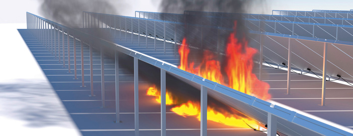 © Foto: Minimax PV-Anlagen steigern die Brandlast auf den Dächern, wo sie verbaut sind. Unerkannt und ungeschützt kann sich ein Feuer schnell ausbreiten.