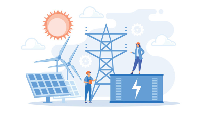 © Alwie99d - stock.adobe.com Battery energy storage from renewable solar and wind power station. Energy storage, energy collection methods, electrical power grid concept. flat vector modern illustration