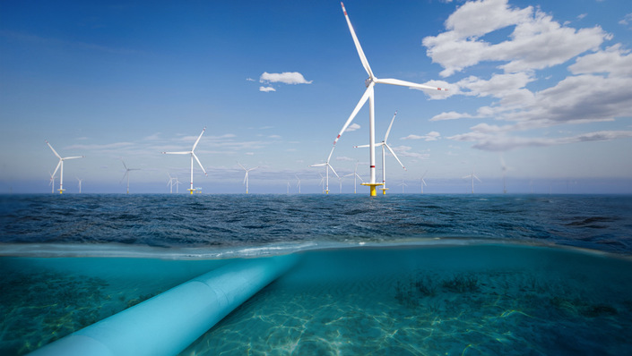© AquaVentus Förderverein e. V. / Jakob Martens Studios Wasserstofferzeugung im Offshore-Windpark erfordert hybride Kabel- und Pipelineanbindungen