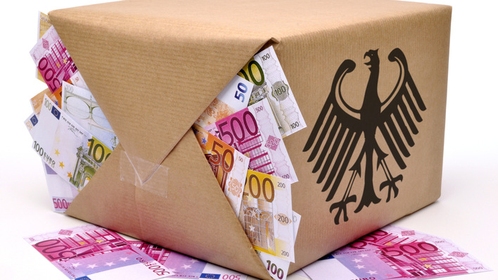 Eine Pappschachtel, aus der Euro-Scheine herausragen und auf deren Seite ein schwarzes Bundesadler-Symbol aufgedruckt ist. - © Dan Race - stock.adobe.com Die Einnahmen aus Offshore-Ausschreibungen dürfen kein Geldgeschenk für die Regierung sein, das beliebig verteilt wird.