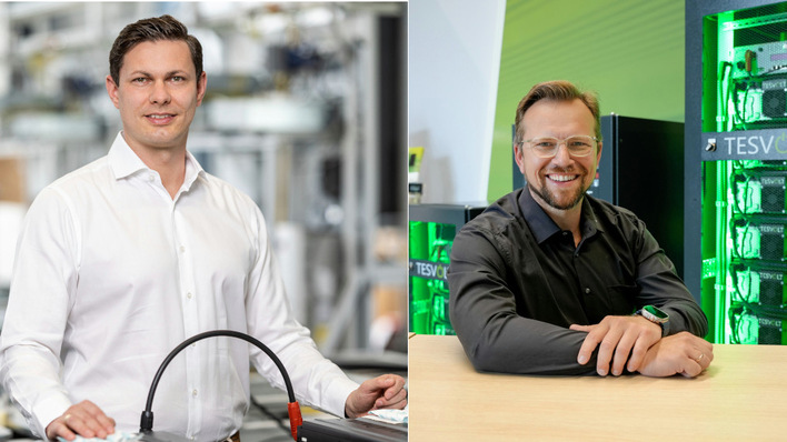© Tesvolt/Michael Setzpfandt/Tesvolt Simon Schandert (links) ist technischer Geschäftsführer von Tesvolt. Marcus Ulbricht verantwortet den Bereich Cyber Security & Cyber Compliance Energiehandel beim Wittenberger Speicherhersteller.
