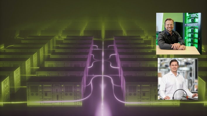 © Tesvolt/Michael Setzpfandt Marcus Ulbricht (oben) ist bei Tesvolt der Experte für Cyber Security & Cyber Compliance Energiehandel. Simon Schandert ist technischer Geschäftsführer des Wittenberger Speicherherstellers.